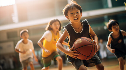 Elementary kids playing basketball on court. World basketball day concept - obrazy, fototapety, plakaty