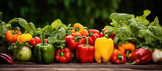 In my isolated garden with a green background I cultivate a variety of vegetables ranging from black and orange to red and yellow peppers ensuring a healthy and vibrant diet rich in colorfu - obrazy, fototapety, plakaty