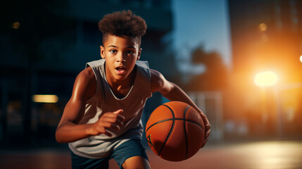 Young basketball player training on court. World basketball day concept