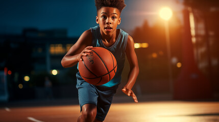 Young basketball player training on court. World basketball day concept