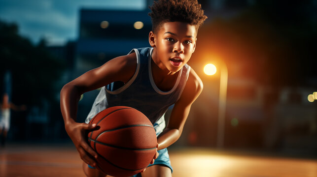 Young basketball player training on court. World basketball day concept