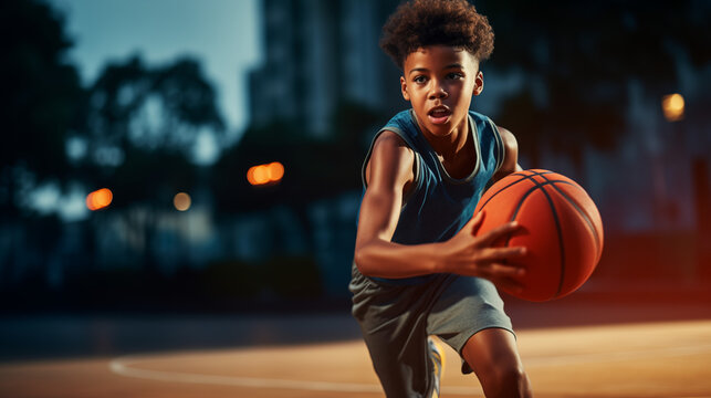 Young basketball player training on court. World basketball day concept