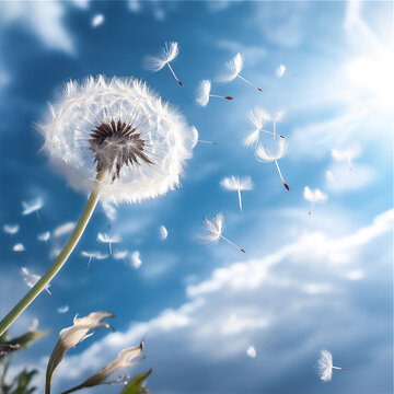 flying dandelion on sky background
