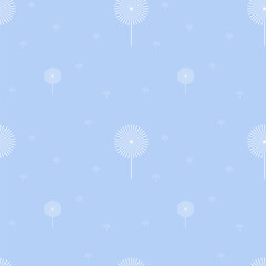 Delicate blue background with white dandelions and flying seeds. Abstract contour drawing. Seamless pattern. Background for paper, cover, fabric, textile, interior decor.