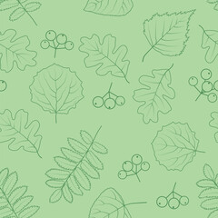 Leaves and berries on a green background. Contour drawing. Vegetable green background. Isolated. Seamless pattern. Background for paper, cover, fabric, textile, interior decor.