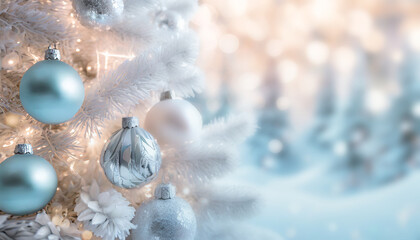 Arbre de Noël avec de la neige décoré de lumières floues, sur un paysage flou et festif de vacances de fin d'année. Fond d'écran design d'hiver pour le nouvel an ou vacances d'hiver - obrazy, fototapety, plakaty