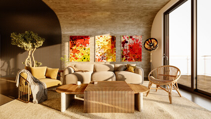 Large luxury modern bright interiors Living room mockup illustration 3D rendering computer digitally generated image