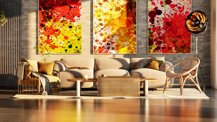 Large luxury modern bright interiors Living room mockup illustration 3D rendering computer digitally generated image