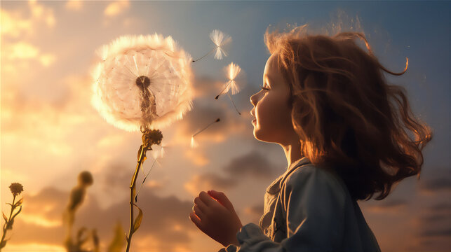a little girl blowing a mini dendelion to the sunset sky, dreamy light