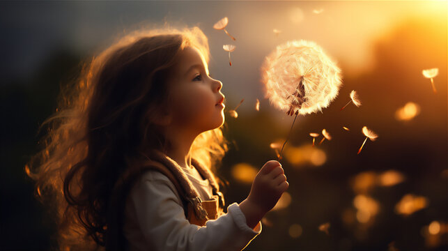 a little girl blowing a mini dendelion to the sunset sky, dreamy light
