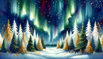 Winter night aurora landscape with fir trees and falling snow. Vector illustration. Generative AI. - obrazy, fototapety, plakaty