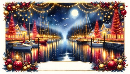 Christmas and New Year greeting card with a view of the port, houses, boats, and garlands.