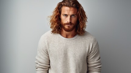 Ginger haired handsome man with beard in sweater in studio
