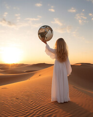 a little girl hold a realistic earth globe in the desert with sunset sky background, long shot view, low angle view, long blonde hair, white long dress, dreamy  light
