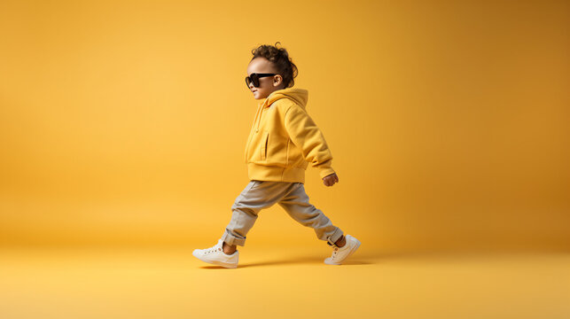 黄色の背景にサングラスをかけて黄色のパーカーを着ている男の子が歩いている写真