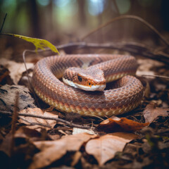 Fototapeta premium a north copperhead snake on a forest floor.