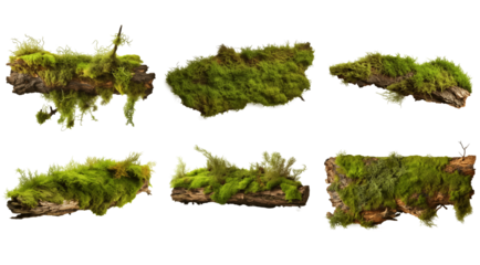 A wooden pine bark covered with green moss isolated on transparent background. Beautiful Bright Green moss grown up cover the wooden bark. Product display mockup