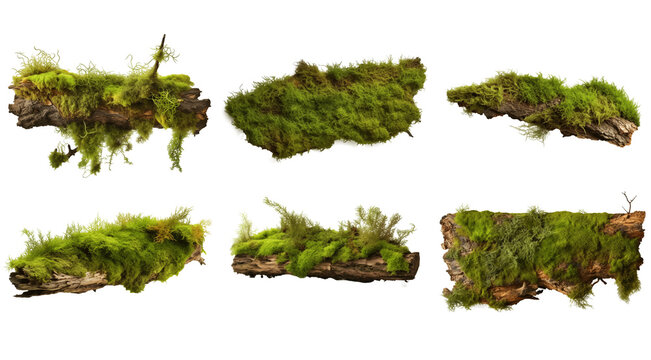 A wooden pine bark covered with green moss isolated on transparent background. Beautiful Bright Green moss grown up cover the wooden bark. Product display mockup