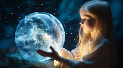 Naklejka premium a little girl hold a realistic earth globe in the night sky background, long shot view, low angle view, long blonde hair, white long dress, dreamy light