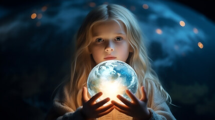 Naklejka premium a little girl hold a realistic earth globe in the night sky background, long shot view, low angle view, long blonde hair, white long dress, dreamy light
