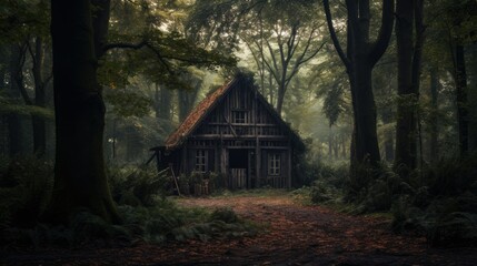 Wood Hut Photography in the Middle of the Forest - obrazy, fototapety, plakaty