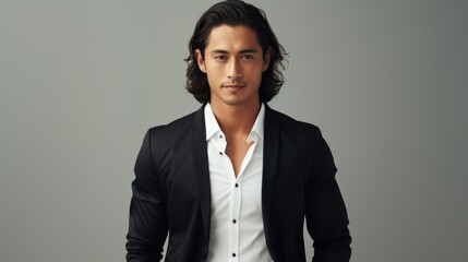 Asian groomed man in black suit and white shirt on light background - obrazy, fototapety, plakaty