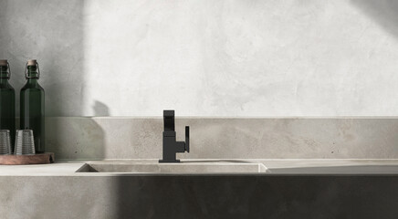 Modern, minimal gray concrete outdoor bathroom vanity countertop, washbasin, splashback, glass,...