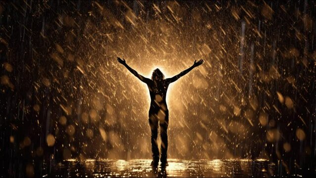 Seamless loop animation. grunge silhouette, Man dancing. Form of rain drops in the night beautiful wallpaper illustration night. Created using Generative AI Technology