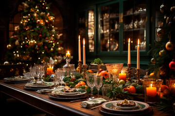 Fototapeta na wymiar Dining room prepared for Christmas dinner
