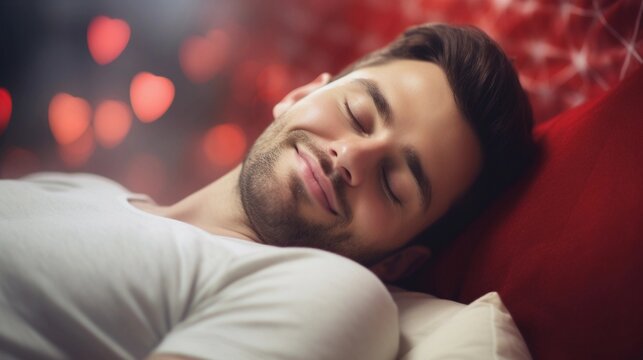 Portrait of male sleeps tight against Valentine's Day feel background with space for text, AI generated, background image