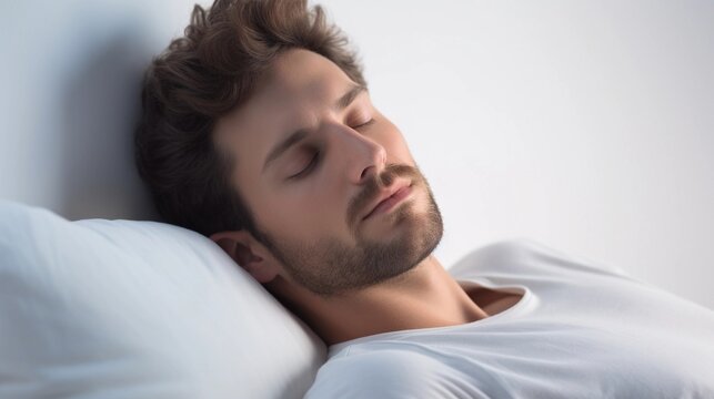 Portrait of male sleeps tight against white background with space for text, AI generated, background image