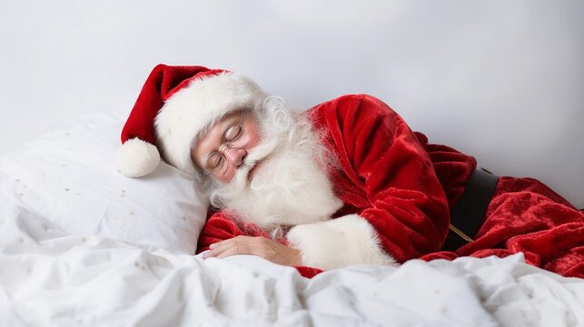 Portrait of santa claus sleeps tight against white background with space for text, AI generated, background image