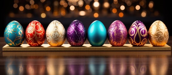 During Easter the food table was adorned with colorful eggs carefully arranged in a row inside a shiny egg box their shells glistening as the camera focused on a close up of the bunched up e - Powered by Adobe