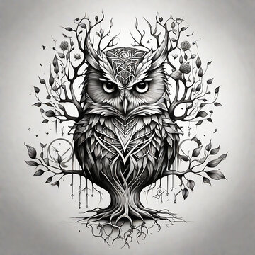 Geometric black and white Tattoo scketch of a tree of knolegde owl with roots under