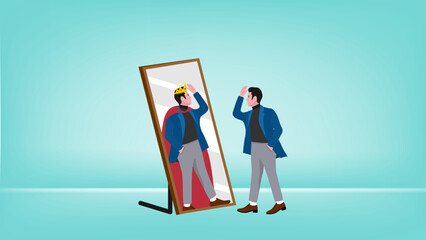 Illustration of a businessman looking in the mirror with the image of himself being a king suitable for describing leadership, confident, know yourself