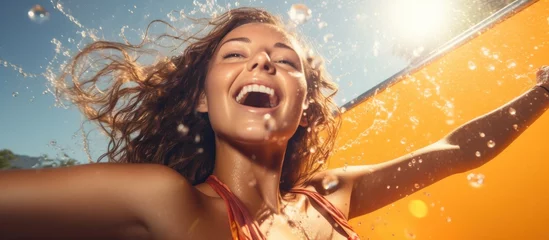Foto op Plexiglas In the background of a summer pool party a young adult woman with an orange in her hand opens a can of energy drink the metallic pop echoing over the sound of splashing water as bubbles tan © TheWaterMeloonProjec