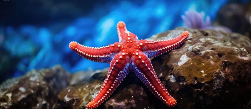The blue starfish is a captivating marine animal found in the underwater world of the Mediterranean Sea known for its stunning red and blue colors embodying the natural beauty and diversity