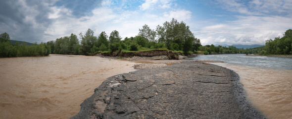 The confluence of the Belaya and Dakh Rivers on a sunny summer day, Dakhovskaya, Republic of...