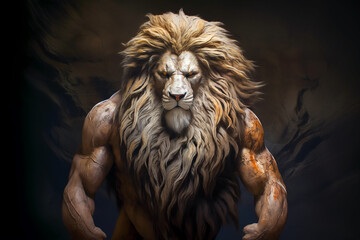 Portrait of a lion has muscles as muscular as a bodybuilder. Training, Bulking Up, Strength Training, Workout and Exercise Concepts - obrazy, fototapety, plakaty