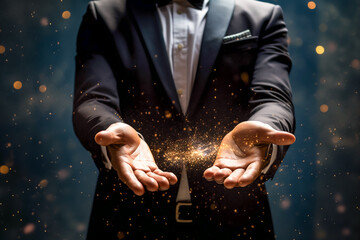 Businessman in the suit is gesturing with his hands as if he's scooping something up. Shining particles of light and abstract effects. Business innovation, IT technology, inspiration and idea concept