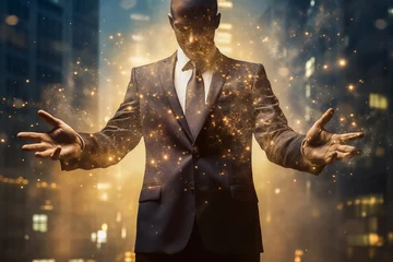 Foto op Aluminium Businessman in the suit is gesturing with his hands as if he's scooping something up. Shining particles of light and abstract effects. Business innovation, IT technology, inspiration and idea concept © Koshiro