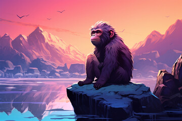illustration of the view of a monkey in winter - obrazy, fototapety, plakaty