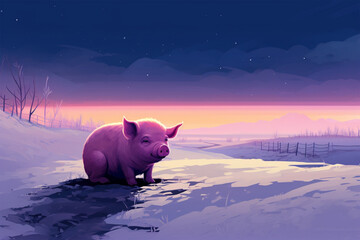illustration of a pig in winter