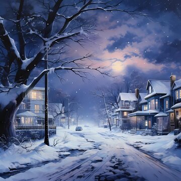 winter season picture of a cozy village with a shining moonlight above