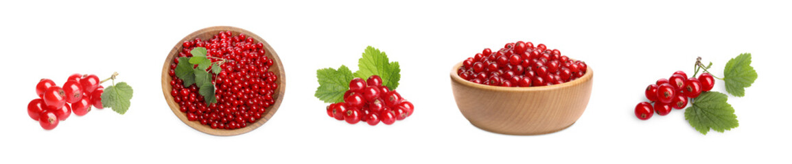 Ripe red currants and green leaves isolated on white, set