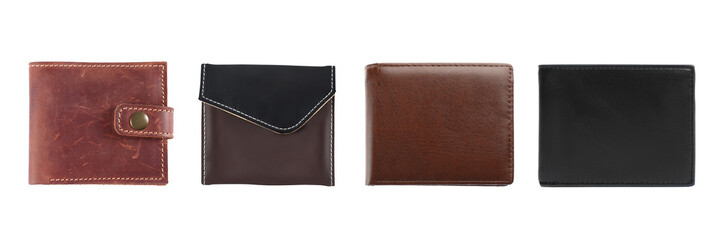 Different stylish leather purses isolated on white, set