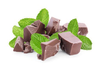 Milk chocolate chunks and mint leaves isolated on white