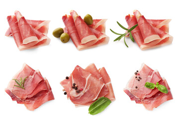 Delicious sliced jamon isolated on white, set
