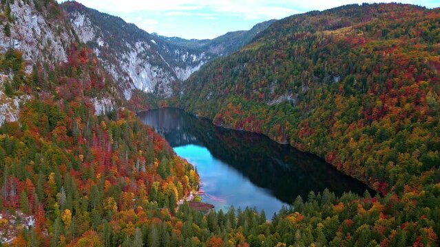 Aerial View of Autumn Lake and Colorful Mountain Reflections, Lake Toplitz