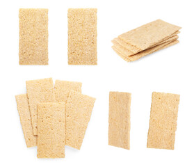 Tasty crunchy crispbreads on white background, collection